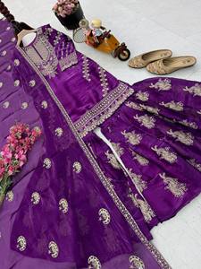 Ensemble Salwar Kameez brodé violet, tenue indienne pakistanaise moderne pour mariage, remise de diplôme, Diwali, pour femmes, matière Jimmy Cho - Product Image 4