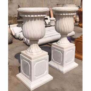 Jardinière de luxe en marbre blanc, pot à fleurs en pierre sculptée à la main avec piédestal, vases à fleurs - Product Image 3
