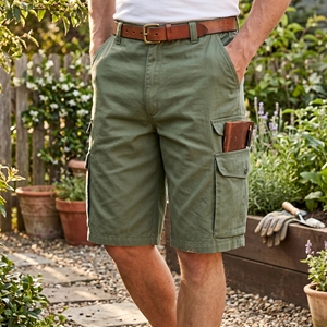 Pantalones Cortos Cargo para Hombre, Color Verde Sólido, 100% Algodón Canvas, Cintura Media, Cierre de Cremallera, Estilo Casual, Tipo Bermuda, con Bolsillos, Tejido Transpirable - Product Image 5