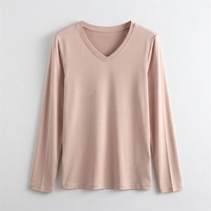 Novedades: Camiseta de Manga Larga con Cuello en V para Mujer, Tallas Grandes, con Logotipo Personalizado, 95% Modal, 5% Elastano, Transpirable, Informal, Ligera y Básica - Product Image 2