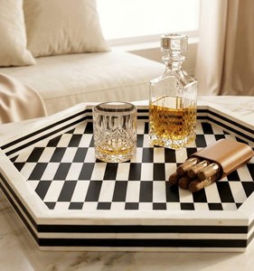 Geometric Hexagonal Checkerboard Resin Inlay MDF Natural Crafts Arabic serving trays Modern Home Decor Durable Serving Tray - Product Image 2