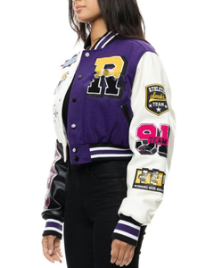 Blouson universitaire violet et blanc pour femme, manches longues, avec patchs lettres, col rabattable, boutonnage, coupe courte, vêtement d'extérieur automne - Product Image 3