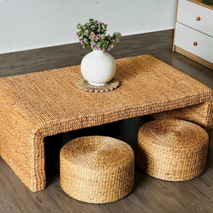 Handmade Modern <b>Rustic</b> <b>Coffee</b> <b>Table</b> Set with 4 Ottomans Wood & Water Hyacinth Eco-Friendly Lightweight Design - Product Image 2