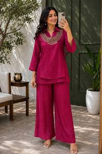 <b>Women's</b> Teal <b>Linen</b> Kurta <b>Set</b> Embroidered Neckline Traditional Indian Pakistani Casual Wear Regular Fit Midi Length All Seasons - Product Image 4