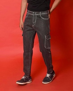 Jean en denim tissé noir mi-lourd pour homme, coupe décontractée, jambe large, extensible, élégant et écologique – Disponible en ligne - Product Image 1