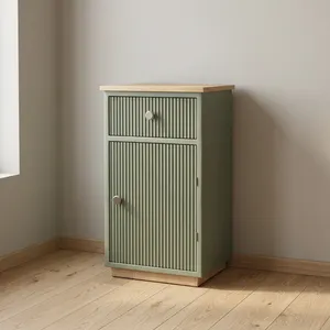 Meuble de salle de bain vert minimaliste avec plateau en bois et poignées en bois, design de rangement - Product Image 5
