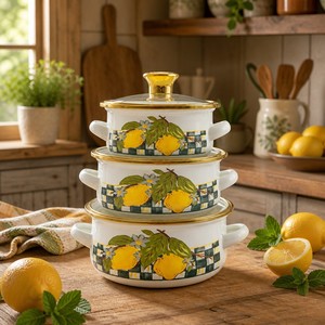 Senny – Lot de 3 mini-casseroles en émail, motifs citron, rebord doré, tailles 12, <span class=keywords><strong>14</strong></span> et 16 cm, ensemble de casseroles emboîtables, vente en gros directe usine pour la cuisine - Product Image 2