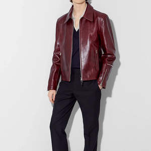 Chaqueta de Motociclista de Cuero Genuino Color Borgoña para Hombre, Cuello Camisero, Cierre de Cremallera, Corte Ajustado, Manga Regular, Color Sólido, Acabado Invernal - Product Image 1