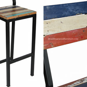 Chaise de bar en bois de bateau recyclé faite à la main, structure en fer noir, tabouret haut en bois recyclé, mobilier industriel écologique pour la cuisine - Product Image 5