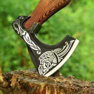 Steel Craft International Hachette Viking de qualité industrielle, tête de hache et piolet en acier au carbone de haute qualité, manche en bois d'acacia Damas - Product Image 5