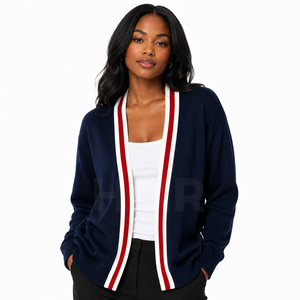 HMR Women Acrylic Sisterhood Women's <b>Navy</b> Knitted <b>Cardigan</b> Long Sleeve V-Neck Contrast Stripe Casual Sweater All Seasons Wear - Product Image 1