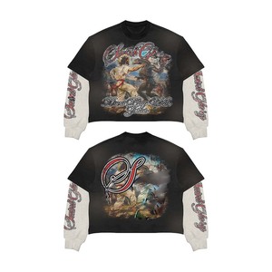 Women double layer cotton polyester 220 GSM acid wash black shirt <b>red</b> graphic print custom screen print logo Double Layer Shirts - Product Image 6