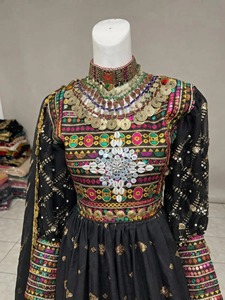 Robe afghane Kuchi noire faite à la main, tenue tribale Pashtun, ensemble dupatta shalwar, robe traditionnelle à manches longues, robes décontractées pour femmes - Product Image 3