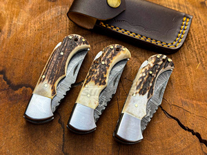 Cuchillo Plegable de Bolsillo de Acero de Damasco Hecho a Mano con Hoja de Punta Caída de 0.5mm de Grosor, Grado Industrial, con Bloqueo Trasero de Cuerno de Ciervo, EDC, Marca Privada, OEM - Product Image 1