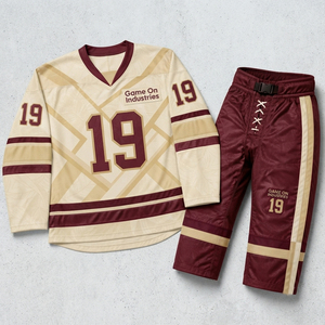 Team Sportswear Sublimation Design Breathable Performance Fabric Personalized Comfortable Maroon Cream Ice Hockey Uniform Sets - Product Image 1