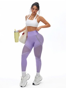 Leggings taille haute avec empiècements en maille, couleur unie violet, respirants, en Spandex et Polyester, pour le yoga – Nouveau design - Product Image 4