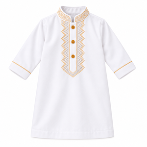 Qamis blanc pour bébés garçons, manches longues, en coton brodé à motif géométrique, col montant, vêtement de prière islamique long - Product Image 3