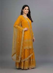 Ensemble Anarkali jaune moutarde pour femme avec broderie dorée, longueur ras du sol, style traditionnel indien pakistanais, prêt-à-porter - Product Image 2
