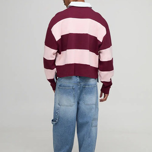 Polo en tricot rayé à manches longues pour homme, grande taille, style rugby décontracté, couleurs contrastées rose et bordeaux, personnalisable en usine - Product Image 2