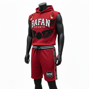 Conjunto Deportivo Corto sin Mangas para Hombre, 100% Algodón, Felpa Gruesa, Color Rojo, con Logotipo Bordado - Product Image 4