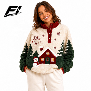 <b>Women</b> Winter <b>Fleece</b> Pullover Cream Green Sherpa Quarter Button Long Sleeve Snowflake Village <b>Pattern</b> Casual Warm Top Sweatshirt - Product Image 1