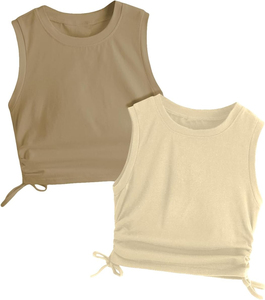 Top corto de punto transpirable sin mangas para mujer, con cordón lateral fruncido y diseño básico - Product Image 1