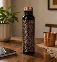 Botella de Cobre Puro Martillado con Grabado, Ecológica, Estética, Metálica, para Bebidas, Hogar, Oficina, Yoga, Estilo Vintage Rústico Ayurvédico