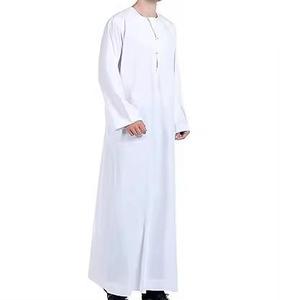 <b>Men's</b> White Cotton <b>Thobe</b> Long Sleeve Floor Length Round Neck Modest Islamic Robe For Prayer Middle East Style Bulk Manufacturer - Product Image 2