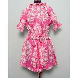 Vestido corto estilo mini para mujer, 100% algodón, informal, con mangas acampanadas, cuello redondo, estampado floral, ecológico, cintura natural - Product Image 6