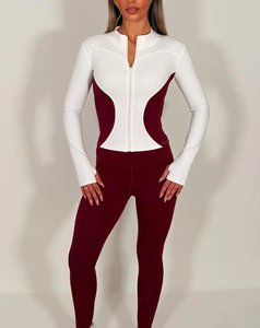 Ensemble de yoga 2 pièces pour femme, manches longues, blocs de couleur, fermeture éclair sur le devant, leggings taille mi-haute en Spandex/Nylon, respirant et sans coutures - Product Image 4