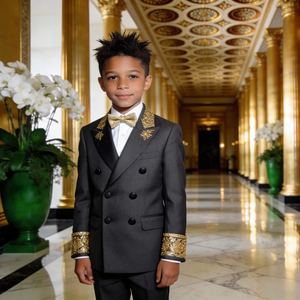 Traje de esmoquin gris con bordado dorado para niños – Traje formal de doble botonadura para bodas y fiestas para niños - Product Image 1