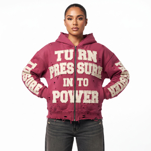 Baggy Zipper <b>Distressed</b> Embroidery Lined Oversized Windproof Hoodie Women Polyester/Cotton Fleece 550gsm Embroidery Hood <b>Top</b> - Product Image 5