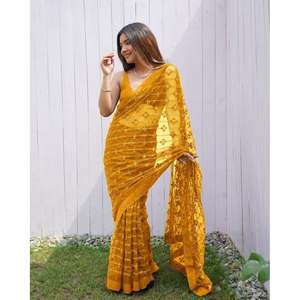 SÉQUENCE DE BRODERIE ATTRACTIVE EN FILET PAPILLON DIAMANT TRAVAIL SAREE AVEC CHEMISIER NON COUDU JAUNE - Product Image 1