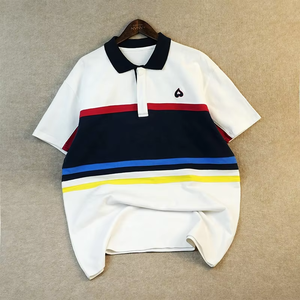 Polo de Manga Corta para Hombre con Bloques de Color y Rayas, Transpirable, Tejido, Informal, Blanco, Azul Marino, Rojo, Azul, Amarillo, con Logotipo Frontal - Product Image 1