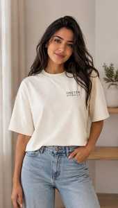 เสื้อยืดแขนสั้นคอกลมทรงหลวมสำหรับผู้หญิง สีครีม พิมพ์ลายตัวอักษร ลำลอง - Product Image 4