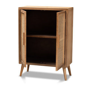Gabinete de almacenamiento moderno de 2 puertas de madera y ratán de mediados de siglo para sala de estar - Product Image 2