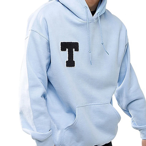 Sudadera con Capucha Azul Claro para Hombre, Corte Holgado, Letra T Bordada, Bolsillo Delantero, Informal, de Felpa, Tejida, para Otoño - Product Image 2