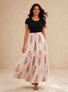 Women Bohemian Ball Gown Floral Cotton Floor-Length High Waist Tiered A-Line Casual Summer Beach <b>Skirt</b> - Product Image 1