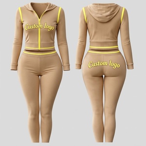 Custom Logo Embroidery Women's Skinny Fit Tracksuit Set 2 Piece Crop <b>Zipper</b> Hoodie and <b>Leggings</b> Set for US Clothing Brands - Product Image 2