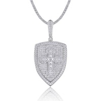Collier Pendentif Hip Hop Glacé de Qualité Supérieure, Chaîne Unisexe, Sertissage Pavé de Diamants, Plaqué Or 18K, Style Bouclier, Cadeau