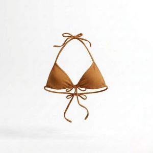 Top de bikini negro para mujer con cuello halter, lazo frontal y tirantes ajustables, traje de baño de poliéster y spandex de color sólido - Product Image 3