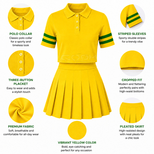 Ensemble de vêtements de sport jaunes pour la sororité Cosh International Sisterhood, comprenant un polo sportif avec des rayures vertes et une jupe plissée - Product Image 5