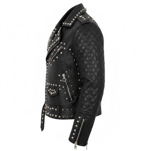 Veste en cuir d'hiver pour homme de haute qualité avec strass, style motard brillant, manches longues, fermeture éclair sur le devant, manteau de mode urbaine - Product Image 4