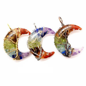 Collier pendentif en pierre précieuse croissant de lune 7 chakras, arbre de vie enroulé de fil, bijoux en cristal de guérison - Product Image 3