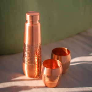 High <b>Copper</b> Water <b>Bottle</b> with Two Glass Hammered Design For Hydration Yoga & Ayurveda Inspired Drinkware <b>Bottle</b> With Packaging - Product Image 1