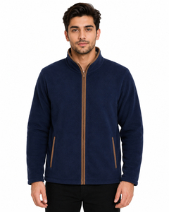 Veste polaire zippée intégrale pour homme, bleu marine uni, col montant, avec bordure contrastante marron, chaude et douce, idéale pour l'hiver et les tenues décontractées - Product Image 1