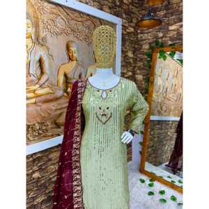 Conjunto de traje de fiesta para mujer de diseñador con parte superior inferior bordada y Dupatta - Product Image 1