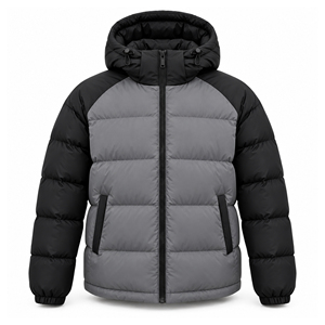 Men's <b>Grey</b> Black Color Block Hooded Puffer Jacket Winter Warm Quilted Bubble <b>Coat</b> Custom Logo OEM Thick Insulated Regular Fit - Product Image 2