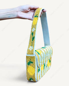 Handcrafted Beaded Lemon Shoulder Bag Blue <b>Yellow</b> Fruit Motif Lemonade Design Women's Evening <b>Handbag</b> Wholesale OEM Supplier - Product Image 5
