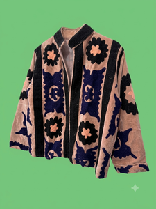 Luxury Women's Y2K Flocking <b>Velvet</b> <b>Blazer</b> Stand Collar Floral Pattern Thick Winter Windproof - Product Image 2